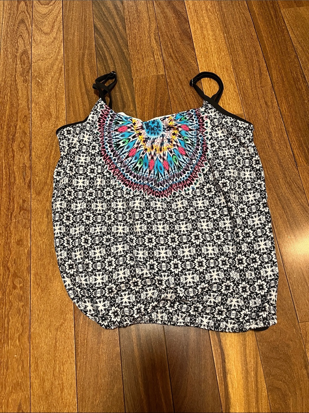 Women's Black & White Printed Swim Camisole with Multicolor Yoke